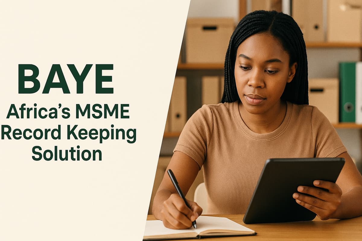 A young woman holding a phone displaying the BAYE FoodMart App